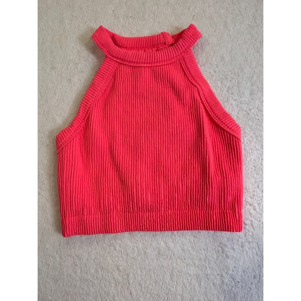 Aerie Superchill Seamless High Neck Bra Top Women Small Pink Rib Knit Sleeveless
